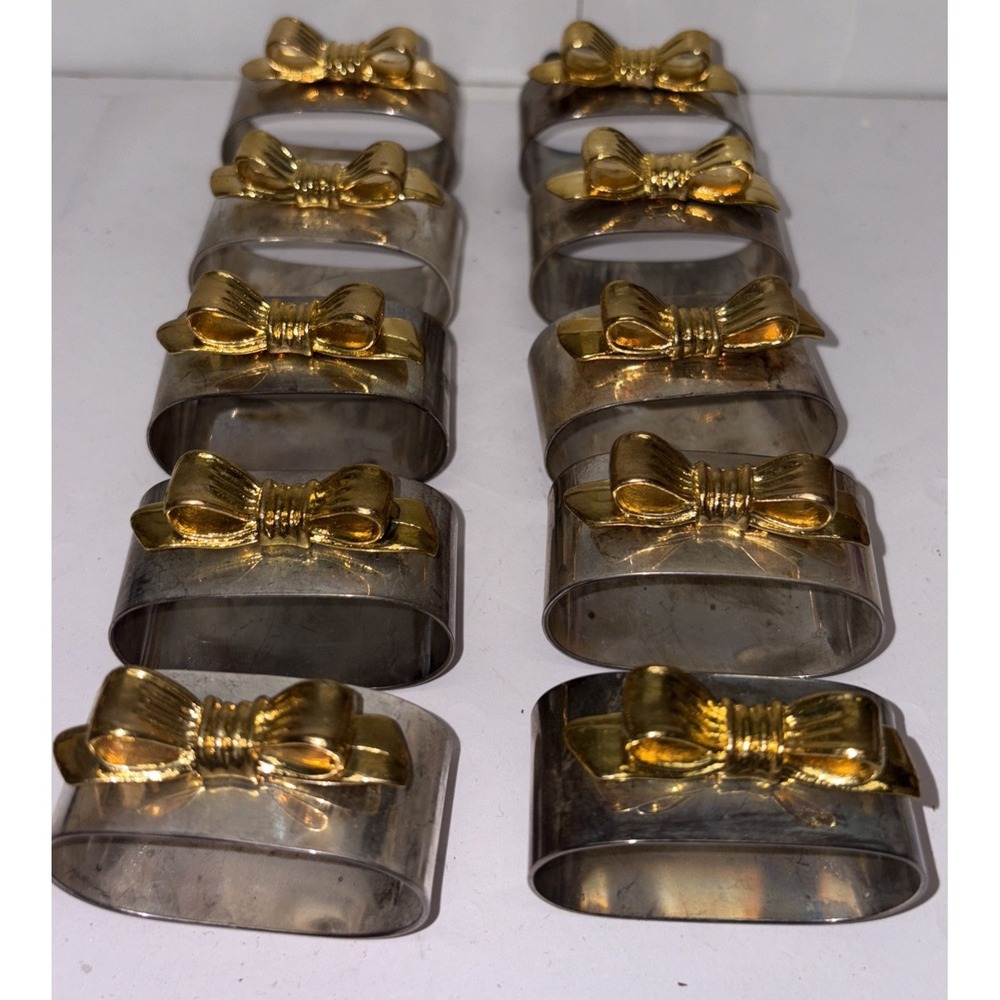 Vintage‎ Audry Set of  10 Napkin Rings Silver Plate Gold Tone Bows 2" Oval Metal